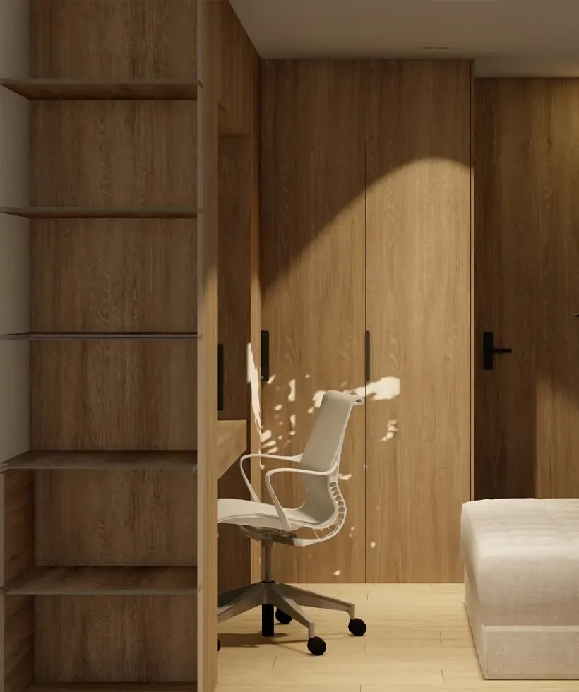 Render de armario escritorio en melamina