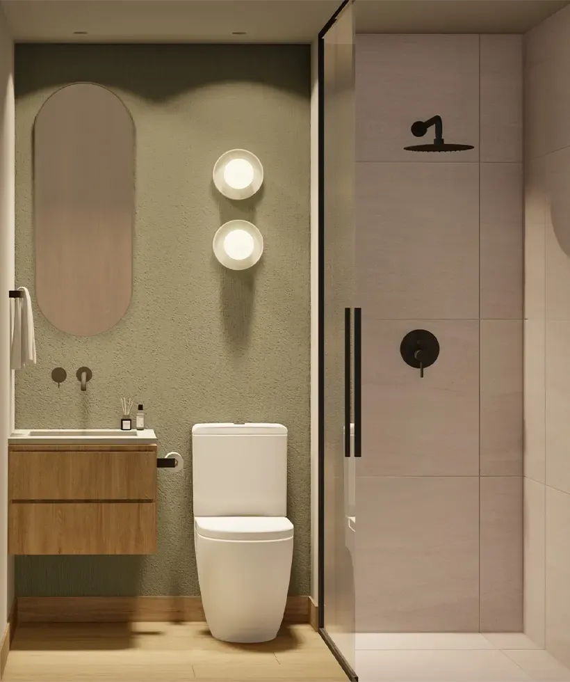 Render de baño con ducha en vidrio templado