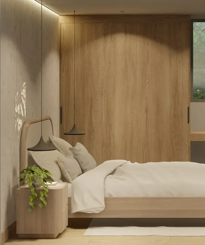 Render de habitación con closet en melamina