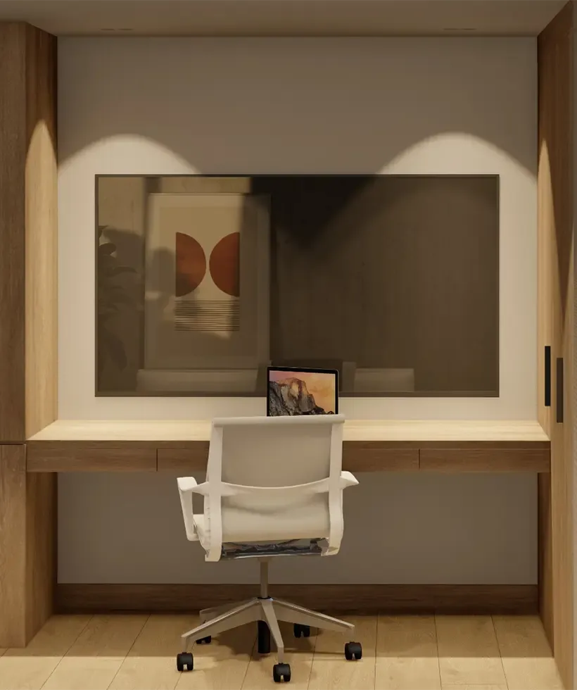 Render de oficina en casa con closet en melamina