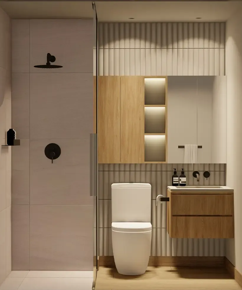 Render de baño con ducha lateral