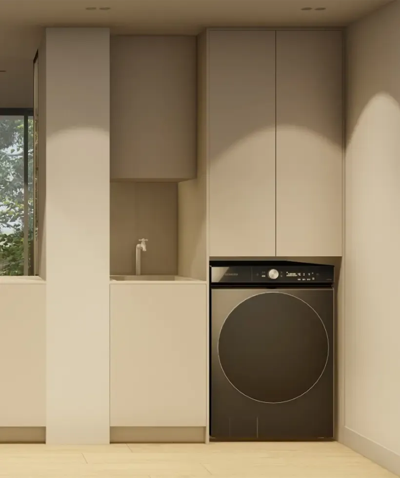 Render de zona de ropas con lavadora y secadora