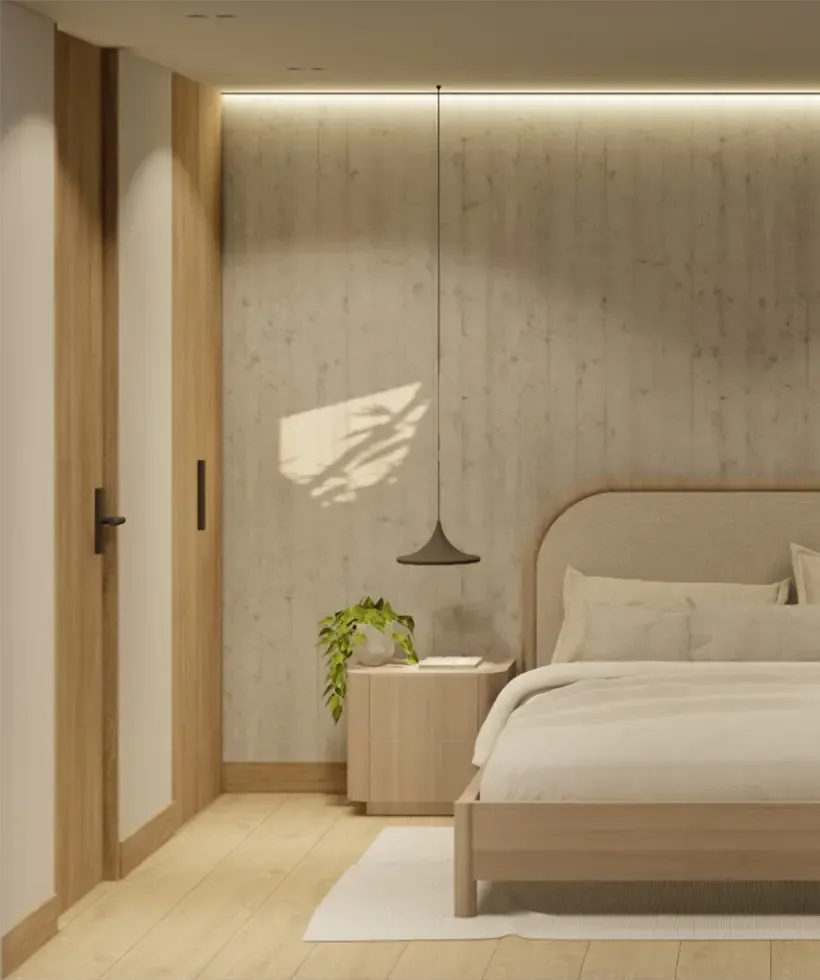 Render de cama con mesa de noche y lampara colgante