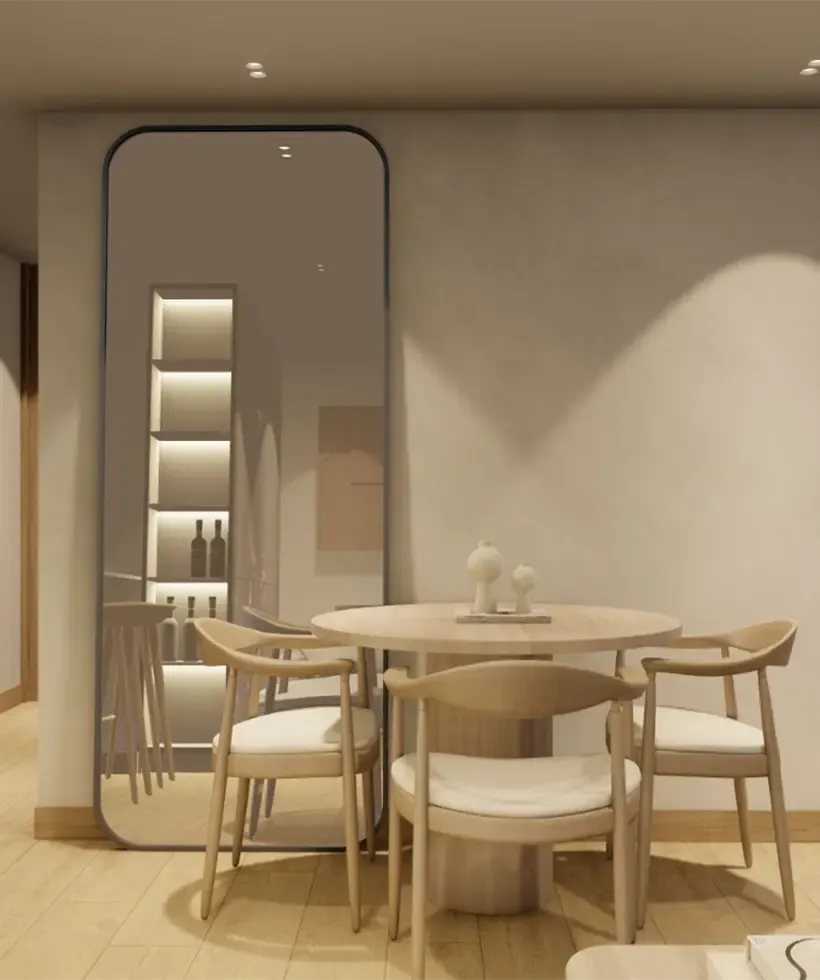 Render de sala comedor con espejo decorativo