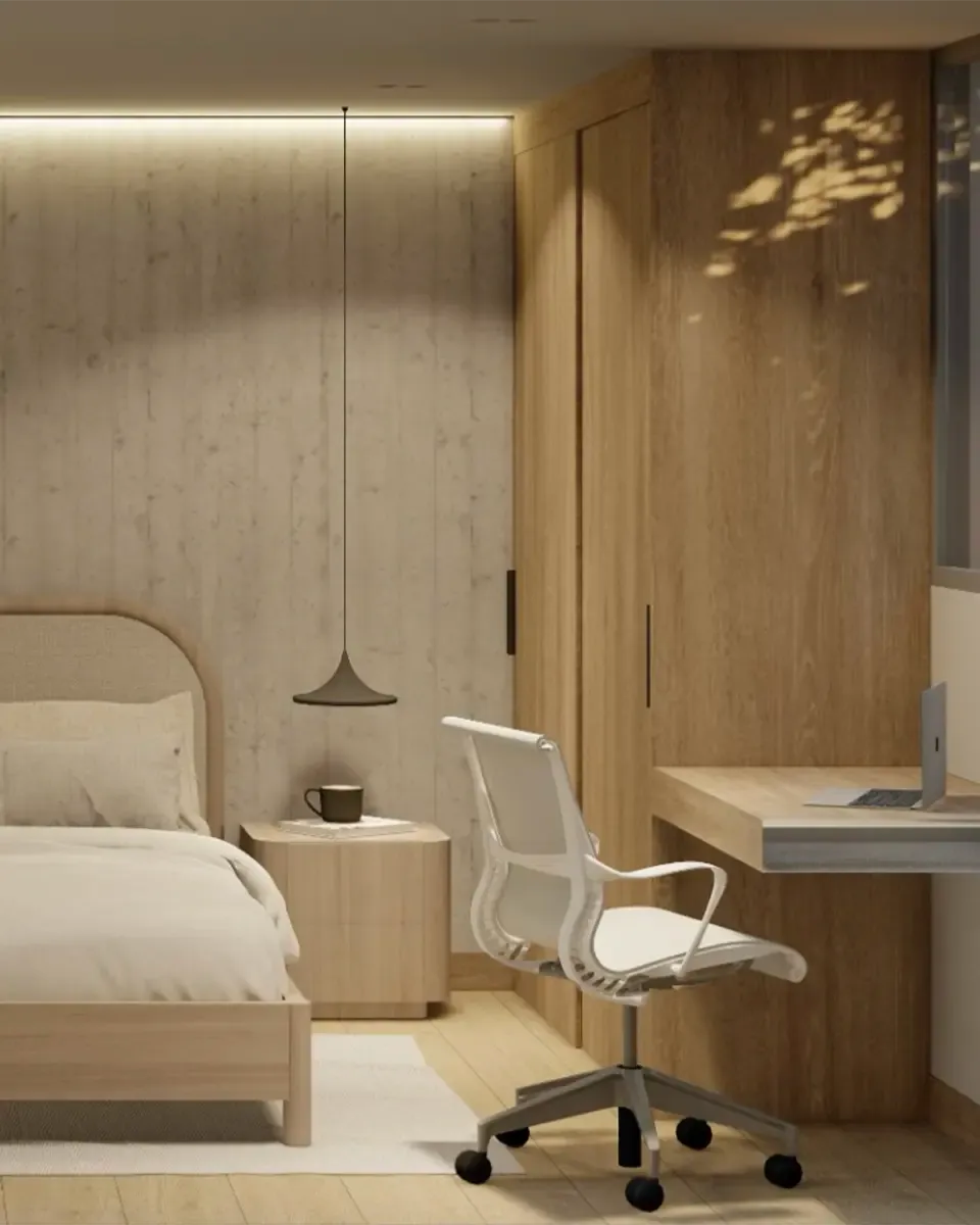 Diseño de habitación con escritorio y lampara colgante